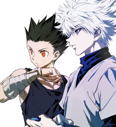 Rule 34 | 2boys, absurdres, bandages, bare shoulders, black hair, black tank top, blue eyes, brown eyes, child, expressionless, from side, gon freecss, highres, hunter x hunter, k.g (matsumoto zo), killua zoldyck, long sleeves, looking to the side, male focus, messy hair, multiple boys, short hair, skinny, spiked hair, tank top, upper body, white background, white hair
