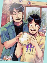 Rule 34 | 2boys, 2others, black eyes, black hair, black shirt, blue shirt, blush, bread, brothers, closed eyes, commentary request, cup, dated, drinking straw, food, hand on another&#039;s shoulder, highres, ice, ice cube, indoors, joukyou seikatsuroku ichijou, kaiji, looking at viewer, male focus, medium bangs, melon bread, multiple boys, multiple others, murakami itsuki, murakami tamotsu, open clothes, open mouth, open shirt, photo (object), shirt, short hair, siblings, smile, undershirt, unknown03162, upper body, window, yellow shirt