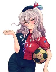 Rule 34 | 10s, 1girl, ball, beret, blue shorts, blush, breasts, closed mouth, cowboy shot, grey eyes, hat, highres, holding, j. league, kantai collection, kashima (kancolle), kashima antlers, large breasts, light smile, looking at viewer, mityubi, multicolored shirt, short sleeves, shorts, silver hair, simple background, soccer, soccer ball, soccer uniform, solo, sportswear, standing, transparent background, twintails, upper body, wavy hair, white background