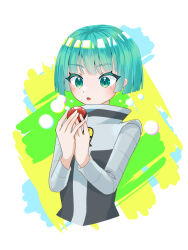 Rule 34 | 1girl, :o, blush, commentary request, creatures (company), eyelashes, game freak, green eyes, green hair, grey shirt, hands up, holding, holding poke ball, logo, long sleeves, nintendo, open mouth, poke ball, poke ball (basic), pokemon, pokemon dppt, shirt, short hair, solo, swkn4778, team galactic, team galactic grunt, team galactic uniform, upper body, vest