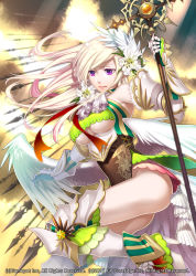 Rule 34 | 1girl, alteil ii, armor, blonde hair, boots, breasts, character request, fantasy, flower, hair flower, hair ornament, large breasts, long hair, low wings, miogrobin, no panties, polearm, purple eyes, solo, spear, thigh boots, thighhighs, underboob, weapon, wings