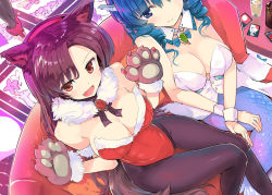 Rule 34 | 2girls, :d, alternate costume, animal ears, animal hands, bare arms, bare shoulders, black legwear, blue eyes, breasts, brooch, brown hair, cleavage, commentary, couch, cup, detached collar, drill hair, drinking glass, dutch angle, fang, fins, fur collar, fur trim, gloves, hairband, hanafuda, head fins, high heels, imaizumi kagerou, jewelry, large breasts, leotard, long hair, looking at viewer, mermaid, monster girl, multiple girls, nontraditional playboy bunny, open mouth, pantyhose, paw gloves, playboy bunny, puuakachan, red eyes, red footwear, red hairband, short hair, sitting, smile, tail, thighs, touhou, twin drills, wakasagihime, wolf ears, wolf tail, wrist cuffs