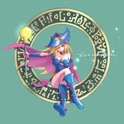 Rule 34 | 1girl, ;), bare shoulders, blonde hair, blue dress, blue footwear, blue hat, blush stickers, boots, breasts, cape, character name, choker, cleavage, closed mouth, crossed legs, dark magician girl, dress, duel monster, full body, green background, green eyes, hair between eyes, hat, highres, holding, holding staff, large breasts, long hair, looking at viewer, magic circle, one eye closed, pink cape, sengenjin31, simple background, smile, solo, staff, wizard hat, yu-gi-oh!