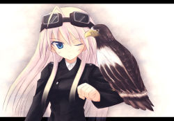 Rule 34 | 1girl, ;), ahoge, animal on arm, bird, bird on arm, blonde hair, blue eyes, blush, eagle, goggles, goggles on head, hanna-justina marseille, head wings, iwa (alpaca oukoku), jacket, letterboxed, long hair, military, military uniform, one eye closed, smile, solo, strike witches, uniform, wings, world witches series