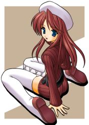 Rule 34 | 1girl, aty, aty (summon night), belt, beret, blue eyes, boots, hat, kneeling, long hair, red hair, solo, summon night, summon night 3, thigh boots, thighhighs, white footwear, white thighhighs, zettai ryouiki
