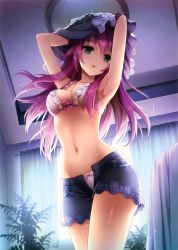 Rule 34 | 1girl, absurdres, an2a, armpits, arms up, blue eyes, bow, bow panties, bra, breasts, cleavage, groin, highres, huge filesize, long hair, navel, open fly, original, panties, parted lips, purple hair, scan, shorts, solo, underwear, undressing, unzipped, white bra, white panties