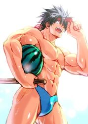 Rule 34 | 1boy, :d, abs, biceps, black hair, blue panties, carrying, carrying under arm, commentary request, cowboy shot, food, from below, fruit, hand up, headband, holding, holding food, holding stick, inohara masato, little busters!, looking at viewer, male focus, muscular, muscular male, nude, open mouth, panties, pectorals, red headband, short hair, simple background, smile, solo, spiked hair, standing, stick, suikawari, teeth, triceps, underwear, watermelon, white background, zen (kamuro)