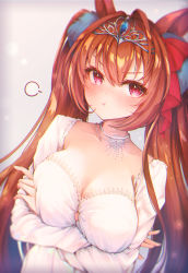 Rule 34 | 1girl, :t, absurdres, animal ears, arms under breasts, blurry, bow, breasts, brown hair, cleavage, collarbone, crossed arms, daiwa scarlet (umamusume), depth of field, dress, fang, grey background, hair between eyes, hair intakes, highres, horse ears, horse girl, jewelry, large breasts, long hair, looking at viewer, necklace, pistachiocream, pout, red eyes, solo, tiara, twintails, umamusume, upper body, v-shaped eyebrows, very long hair, white background, white dress