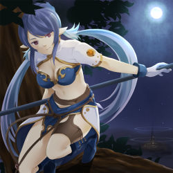 Rule 34 | 00s, 1girl, armor, bad id, bad pixiv id, bikini armor, blue footwear, blue hair, boots, breasts, cleavage, gloves, hair bun, in tree, judith (tales), knee boots, large breasts, long hair, midriff, moon, night, pointy ears, polearm, red eyes, single hair bun, sky, smile, solo, squatting, star (sky), star (symbol), starry sky, tales of (series), tales of vesperia, towa (pixiv), tree, twintails, weapon, white gloves