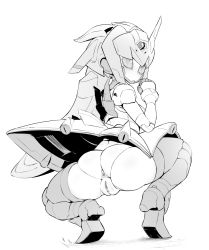 Rule 34 | 1girl, anus, ass, blush, from behind, full body, greyscale, gundam, gundam build divers, gundam build divers re:rise, hand up, humanoid robot, looking at viewer, looking back, mobile doll sara, monochrome, no mouth, pochincoff, pussy, robot, sara (gundam build divers), simple background, solo, squatting, white background