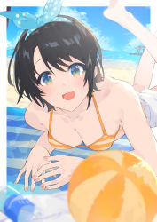 Rule 34 | 1girl, :d, asymmetrical bangs, ball, beach, beach towel, beachball, bikini, black hair, blue eyes, blue sky, blurry, blush, bottle, bow, breasts, cleavage, cloud, cloudy sky, commentary, day, depth of field, green eyes, hairband, highres, hinata (hinata-ur), hololive, legs up, looking at viewer, lying, medium breasts, multicolored eyes, ocean, on stomach, oozora subaru, oozora subaru (hololive summer 2019), open mouth, orange bikini, outdoors, parted bangs, pier, polka dot, polka dot bow, short hair, short shorts, shorts, sky, smile, solo, striped bikini, striped clothes, swimsuit, towel, virtual youtuber, water bottle, white shorts
