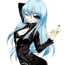 Rule 34 | 1girl, blue eyes, blue hair, bodysuit, breasts, center opening, cleavage, closed mouth, collar, devil summoner, lipstick, long hair, looking at viewer, makeup, medium breasts, nail polish, nemissa, one eye closed, pinkchariot, simple background, smile, solo, soul hackers, white background