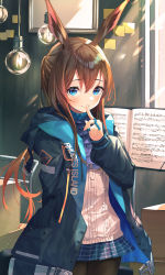 Rule 34 | 1girl, absurdres, amiya (arknights), animal ears, arknights, arm behind back, black jacket, black pantyhose, blue eyes, blue skirt, brown hair, center frills, choker, cowboy shot, finger to mouth, frills, highres, jacket, jewelry, light bulb, long hair, long sleeves, looking at viewer, miniskirt, multiple rings, munseonghwa, open clothes, open jacket, pantyhose, pleated skirt, ponytail, rabbit ears, ring, shirt, skirt, smile, solo, white shirt