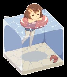 Rule 34 | 1girl, afloat, animated, animated gif, brown hair, chibi, closed eyes, crab, dav-19, full body, hair ornament, hairclip, hirasawa yui, innertube, isometric, k-on!, lowres, one-piece swimsuit, partially submerged, pixel art, school swimsuit, short hair, solo, swim ring, swimsuit, transparent background, underwater, water