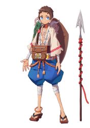 Rule 34 | 1boy, animal, anklet, bandaged arm, bandaged leg, bandages, bandaid, bandaid on face, bandaid on nose, bare pectorals, belt pouch, blue eyes, bone, bone necklace, brown hair, collarbone, fantasy, hat, unworn headwear, jewelry, male focus, necklace, octopus, open hands, original, pectorals, polearm, pouch, puffy pants, seaweed, smile, solo, spear, ssorasora, standing, transparent background, weapon, zipper