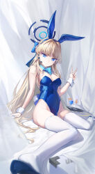 Rule 34 | 1girl, absurdres, animal ears, aqua bow, aqua bowtie, bare shoulders, blonde hair, blue archive, blue eyes, blue hairband, blue halo, blue leotard, bow, bowtie, breasts, cleavage, closed mouth, cocktail, cocktail glass, covered navel, cup, detached collar, drinking glass, earpiece, fake animal ears, fake tail, hairband, halo, highleg, highleg leotard, highres, leotard, long hair, looking at viewer, medium breasts, official alternate costume, playboy bunny, rabbit ears, rabbit tail, relfit, solo, strapless, strapless leotard, tail, thighhighs, toki (blue archive), toki (bunny) (blue archive), tray, v, very long hair, white thighhighs, white wrist cuffs, wrist cuffs