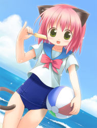 Rule 34 | 1girl, :d, animal ears, ball, beach, beachball, blush, cat ears, cat tail, child, cloud, day, dutch angle, emurin, flat chest, food, green eyes, happy, no pants, ocean, one-piece swimsuit, open mouth, original, outdoors, pink hair, pinky out, popsicle, school swimsuit, school uniform, serafuku, short hair, sky, smile, solo, swimsuit, swimsuit under clothes, tail, thigh gap, thighs, water
