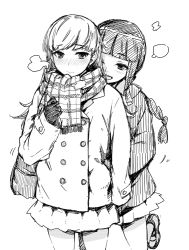 Rule 34 | 10s, 2girls, 3:, blush, braid, coat, double-breasted, gloves, greyscale, kantai collection, kitakami (kancolle), kusano houki, loafers, monochrome, multiple girls, ooi (kancolle), plaid, plaid scarf, scarf, shoes, sketch, skirt, winter clothes, yuri