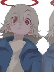 Rule 34 | 1other, ambiguous gender, blue jacket, end80236189, grey hair, hair between eyes, hair over one eye, halo, highres, jacket, looking at viewer, medium hair, original, parted lips, red eyes, reflection, shirt, simple background, solo, upper body, white background, yellow shirt