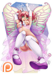 Rule 34 | 1girl, anklet, armpits, bow, breasts, bug, butterfly, elbow gloves, fairy wings, from below, full body, gloves, green eyes, hair ornament, highres, hunie (series), huniepop, insect, jewelry, kyu sugardust, mary janes, medium breasts, nipples, nude, open mouth, patreon, pink hair, pussy, pussy juice, see-through, shoes, smile, solo, tetisuka, thighhighs, watermark, white gloves, white thighhighs, wings