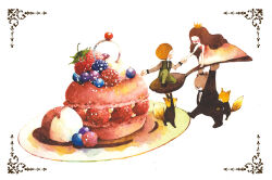 Rule 34 | 2girls, bear, blueberry, brown hair, cake, crown, food, food focus, fox, fruit, long hair, long sleeves, multiple girls, open mouth, original, oversized food, oversized object, painting (medium), plate, profile, raspberry, short hair, simple background, smile, strawberry, traditional media, w orion, watercolor (medium), white background