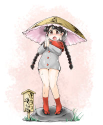 Rule 34 | 1girl, ajirogasa, bare legs, black eyes, black hair, braid, buttons, capelet, commentary request, dress, earlobes, female focus, full body, fuurisuto, grey dress, hair ornament, hat, highres, long earlobes, long hair, long sleeves, looking at viewer, no pants, own hands together, panties, pantyshot, red legwear, red ribbon, ribbon, rock, sandals, short dress, solo, standing, sweat, tiptoes, touhou, translation request, trembling, twin braids, underwear, white panties, yatadera narumi