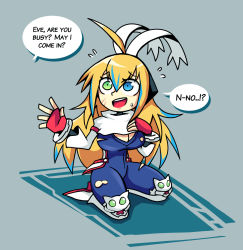 Rule 34 | 1girl, ahoge, blaster master zero, blonde hair, blue eyes, bodysuit, breasts, cleavage cutout, clothing cutout, embarrassed, english text, eve (blaster master zero), flying sweatdrops, green eyes, hand on own chest, heterochromia, large breasts, long hair, seiza, setz, sitting, solo, torn bodysuit, torn clothes