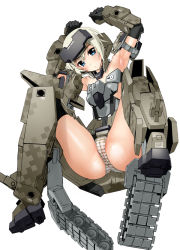 Rule 34 | 10s, 1girl, armpits, arms up, blonde hair, blue eyes, blue theme, cameltoe, caterpillar tracks, frame arms girl, gourai, hat, looking at viewer, mecha musume, panties, sasayuki, short hair, simple background, spread legs, striped clothes, striped panties, underwear