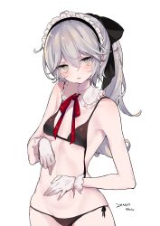 Rule 34 | 1girl, bad id, bad pixiv id, bare shoulders, bikini, black bikini, black bow, blush, bow, breasts, brown eyes, collar, commentary request, dated, detached collar, frilled collar, frills, gloves, grey hair, hair between eyes, hair bow, head tilt, long hair, looking at viewer, maid, maid headdress, mimelond, navel, original, parted lips, ponytail, red bow, side-tie bikini bottom, simple background, small breasts, solo, swimsuit, twitter username, very long hair, white background, white collar, white gloves