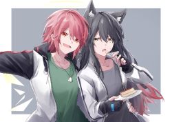 Rule 34 | 2girls, animal ear fluff, animal ears, arknights, black gloves, black hair, chinese commentary, commentary request, detached wings, dog tags, ear piercing, eating, energy wings, exusiai (arknights), fingerless gloves, food, gloves, gradient hair, green shirt, grey shirt, halo, hibioes, holding, holding plate, jacket, jewelry, multicolored hair, multiple girls, necklace, open clothes, open jacket, open mouth, piercing, plate, pocky, raglan sleeves, red eyes, red hair, shirt, short hair, teeth, texas (arknights), white jacket, wings, wolf ears, yellow eyes