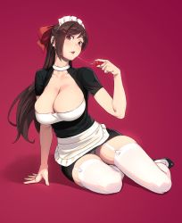 Rule 34 | 1girl, alternate costume, apron, arm support, blush, breasts, brown eyes, brown hair, cleavage, collarbone, commentary request, dress, enmaided, food, fruit, full body, garter straps, hair ornament, hair ribbon, hairclip, highres, kantai collection, large breasts, lips, long hair, looking at viewer, maid, maid apron, maid headdress, mamiya (kancolle), open mouth, panties, pantyshot, red background, ribbon, saliva, saliva trail, shoes, short sleeves, simple background, sitting, skindentation, solo, strawberry, thighhighs, thighs, underwear, waist apron, white apron, white thighhighs, yokozuwari, yuuji (and)