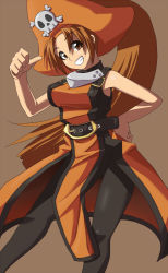 Rule 34 | 1girl, arc system works, belt, black pantyhose, breasts, brown eyes, brown hair, dress, female focus, gousaikoo, grin, guilty gear, hand on own hip, hat, large breasts, long hair, may (guilty gear), orange hat, orange shirt, pantyhose, pirate, pirate hat, pointing, pointing at self, ponytail, shirt, skull and crossbones, sleeveless, smile, solo