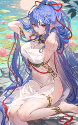 Rule 34 | 1girl, absurdres, anklet, armlet, arms behind head, arms up, bare arms, bare shoulders, barefoot, blue hair, brooch, commentary, covered navel, dress, flower, foot out of frame, gem, hair ornament, hand in own hair, highres, jewelry, leaf, lily pad, long hair, mouth hold, original, outdoors, pink flower, ponytail, purple gemstone, red eyes, reflection, reflective water, see-through, side slit, sitting, sleeveless, sleeveless dress, symbol-only commentary, teffish, thighlet, thighs, tiara, very long hair, water, wet, wet clothes, white dress