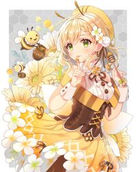 Rule 34 | 1girl, arthropod girl, bare shoulders, bee, blonde hair, braid, breasts, bug, check copyright, copyright request, flower, green eyes, hair flower, hair ornament, holding, honeycomb (pattern), honeycomb background, insect, medium breasts, medium hair, original, pleated skirt, serino itsuki, single braid, skirt, sleeveless, solo, tongue, tongue out, white flower, wrist cuffs, yellow headwear, yellow skirt