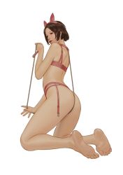 Rule 34 | 1girl, animal ear headwear, ass, bare legs, bare shoulders, barefoot, bdsm, belt, bondage, bound, brown eyes, brown hair, chest strap, fake animal ears, feet, full body, highres, kneeling, legs, original, parrot30198432, parted bangs, pink hair, red lips, revealing clothes, rope, short hair, sidelocks, soles, solo, toes, white background