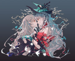Rule 34 | 2girls, absurdres, aqua gloves, aqua headwear, arknights, black dress, blush, braid, commentary, cropped torso, dress, eden (shengaoneng), gloves, grey background, hand on another&#039;s face, highres, holding hands, long hair, long sleeves, looking at another, multiple girls, off-shoulder dress, off shoulder, official alternate costume, parted lips, red dress, red eyes, silver hair, single braid, skadi (arknights), skadi the corrupting heart (arknights), smile, specter (arknights), upper body, very long hair, yuri