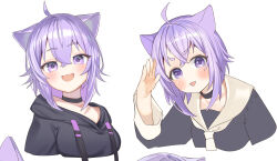 1girl ahoge animal_ears black_choker black_hoodie black_shirt cat_ears cat_girl choker ham3c highres hololive hood hoodie looking_at_viewer medium_hair nekomata_okayu nekomata_okayu_(1st_costume) nekomata_okayu_(casual) official_alternate_costume open_mouth purple_eyes purple_hair sailor_collar shirt smile virtual_youtuber white_background white_sailor_collar