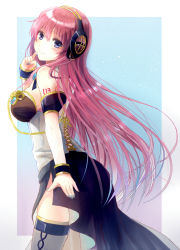 Rule 34 | 1girl, bare shoulders, black skirt, blue background, blue nails, blush, breasts, closed mouth, commentary request, corset, fingernails, grey thighhighs, hair between eyes, head tilt, headphones, highres, kashiwaba en, large breasts, long hair, looking at viewer, looking to the side, megurine luka, megurine luka (vocaloid4), nail polish, pink hair, purple eyes, skirt, smile, solo, thighhighs, two-tone background, very long hair, vocaloid, white background