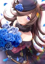 Rule 34 | 1girl, animal ears, bare shoulders, black dress, blue flower, blue rose, blush, bouquet, brown hair, closed mouth, collarbone, dagger, detached collar, dress, flipped hair, flower, from above, fur collar, hair over one eye, hat, hat flower, holding, holding bouquet, horse ears, horse girl, horse tail, izumi akane, knife, long hair, looking at viewer, petals, rice shower (umamusume), rose, sheath, smile, solo, strapless, strapless dress, tail, tilted headwear, umamusume, upper body, weapon