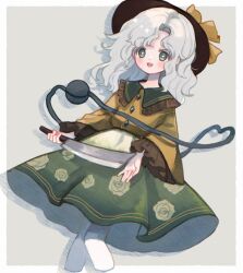 Rule 34 | 1girl, :d, black hat, buttons, cleaver, commentary request, cropped legs, diamond button, floral print, frilled sleeves, frills, green eyes, green skirt, grey hair, hat, hat ribbon, heart, heart-shaped pupils, holding cleaver, komeiji koishi, long hair, long sleeves, looking at viewer, open mouth, pantyhose, parted bangs, ribbon, rose print, shirt, skirt, smile, solo, symbol-shaped pupils, third eye, touhou, white pantyhose, wide sleeves, yellow shirt, yujup