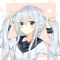Rule 34 | 10s, 1girl, alternate hairstyle, blue eyes, blush, brown background, bunching hair, commentary, eyebrows, hair flaps, heart, hibiki (kancolle), holding, holding own hair, kantai collection, kurigura (sketch san), light frown, long hair, looking at viewer, school uniform, serafuku, silver hair, simple background, solo, twintails, uniform, upper body, verniy (kancolle), white background