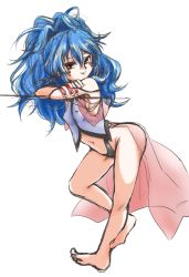 Rule 34 | 1girl, alfimi, artist request, ass, banpresto, bare legs, barefoot, blue hair, breasts, covered erect nipples, female focus, full body, long hair, looking at viewer, naughty face, red eyes, shiny skin, small breasts, smile, solo, super robot wars, thong
