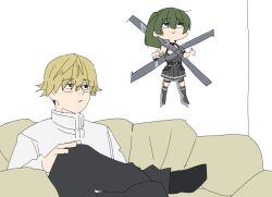 Rule 34 | 1boy, 1girl, black dress, black pants, blonde hair, bound, closed mouth, couch, crossed legs, dress, duct tape, expressionless, glasses, green hair, kid taped to wall (meme), land (sousou no frieren), meme, on couch, pants, perutore, purple eyes, short hair, sitting, smile, sousou no frieren, ubel (sousou no frieren)