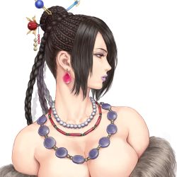 Rule 34 | 1girl, bare shoulders, bead necklace, beads, black hair, braid, breasts, brown eyes, earrings, eyeshadow, final fantasy, final fantasy x, fur trim, hair bun, hair ornament, hair stick, jewelry, large breasts, looking to the side, lulu (ff10), makeup, necklace, purple lips, shu-mai, simple background, single hair bun, solo, square enix, upper body, white background