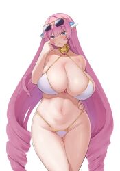 Rule 34 | 1girl, bare shoulders, bikini, blue eyes, blush, breasts, curvy, gold collar, highleg, highleg bikini, highres, huge breasts, last origin, long hair, looking at viewer, mole, mole under mouth, narodenden, navel, official alternate costume, pink hair, serapias alice, simple background, skindentation, smile, solo, standing, stomach, string bikini, sunglasses, swimsuit, thighs, very long hair, wide hips