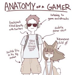 1boy 1girl :3 age_difference anatomy_of_a_gamer_(meme) animal_ears brown_hair brown_shorts child closed_mouth clothes_writing commentary couple cowboy_shot dress english_commentary english_text fox_ears fox_tail furry furry_female furry_with_non-furry glasses grey_shirt headphones height_difference interspecies long_hair looking_at_viewer opaque_glasses orenjipiiru original print_shirt shirt short_hair short_sleeves shorts simple_background size_difference sleeveless sleeveless_dress source_request standing straight-on sunglasses t-shirt tail third-party_edit white_background