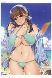 Rule 34 | 1girl, absurdres, artist name, bikini, blue sky, breasts, brown eyes, brown hair, cleavage, cloud, cloudy sky, day, gluteal fold, halterneck, highres, large breasts, long hair, looking at viewer, nanase meruchi, navel, open mouth, outdoors, page number, scan, side-tie bikini bottom, sky, smile, solo, standing, stomach, swimsuit, thighs, toranoana