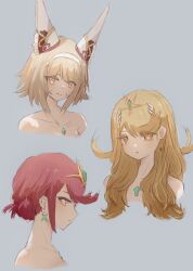 Rule 34 | 3girls, absurdres, alternate hairstyle, animal ears, artist request, blonde hair, cat ears, chest jewel, core crystal (xenoblade), highres, multiple girls, mythra (xenoblade), nia (xenoblade), pyra (xenoblade), red eyes, red hair, xenoblade chronicles (series), xenoblade chronicles 2, yellow eyes