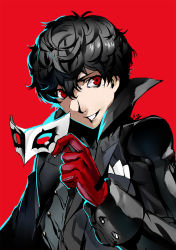 Rule 34 | 10s, 1boy, amamiya ren, black hair, club3, curly hair, gloves, looking at viewer, male focus, mask, persona, persona 5, red background, red eyes, short hair, simple background, smile, solo