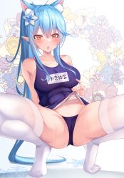 Rule 34 | 1girl, ahoge, animal ear fluff, animal ears, bare shoulders, blue flower, blue hair, blue one-piece swimsuit, blush, breasts, brown eyes, commentary request, floral background, flower, hair between eyes, hair flower, hair ornament, highres, hololive, kemonomimi mode, lifted by self, long hair, medium breasts, multicolored hair, name tag, no shoes, one-piece swimsuit, parted lips, pointy ears, ponytail, school swimsuit flap, solo, spread legs, squatting, streaked hair, swimsuit, thighhighs, tiptoes, very long hair, virtual youtuber, white background, white flower, white thighhighs, yoshiheihe, yukihana lamy